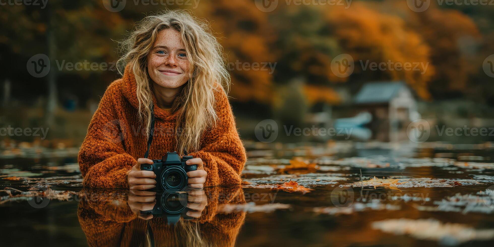 Capturing autumn's beauty while wading through calm water in a serene landscape photo