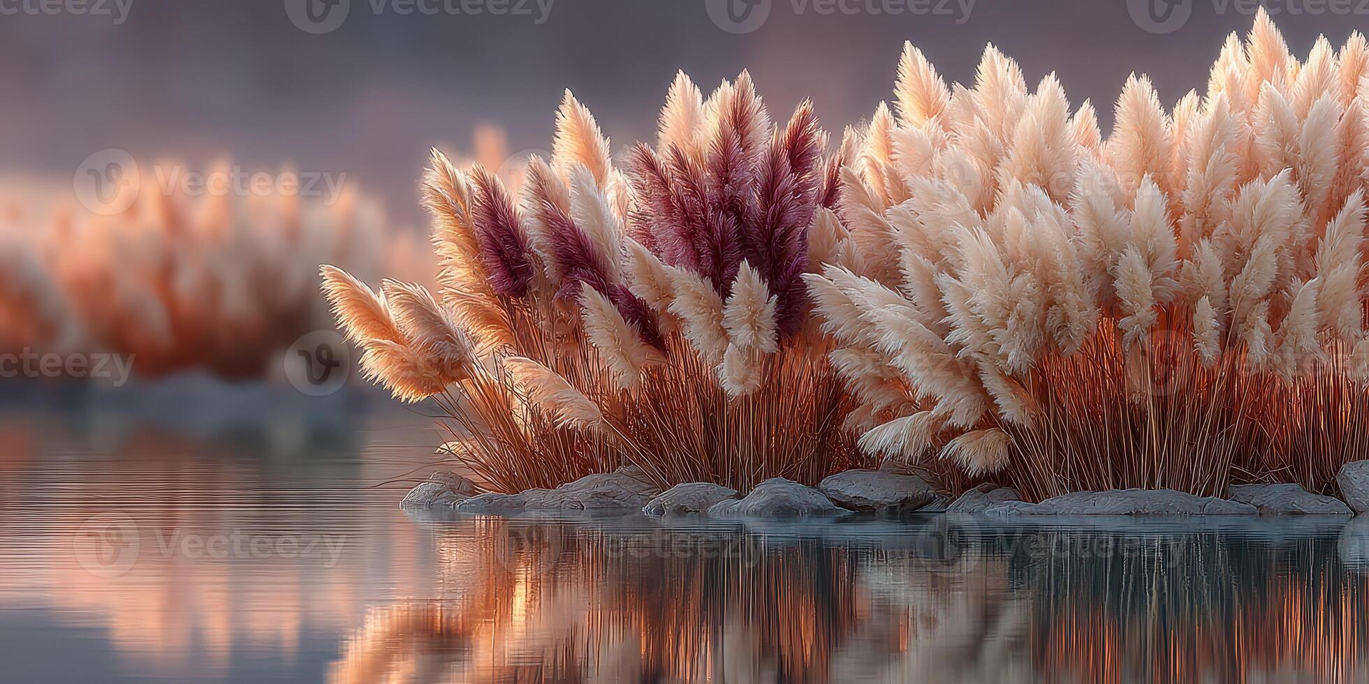 Golden hour reflection of pampas grass by a tranquil lake under soft clouds in early morning light photo