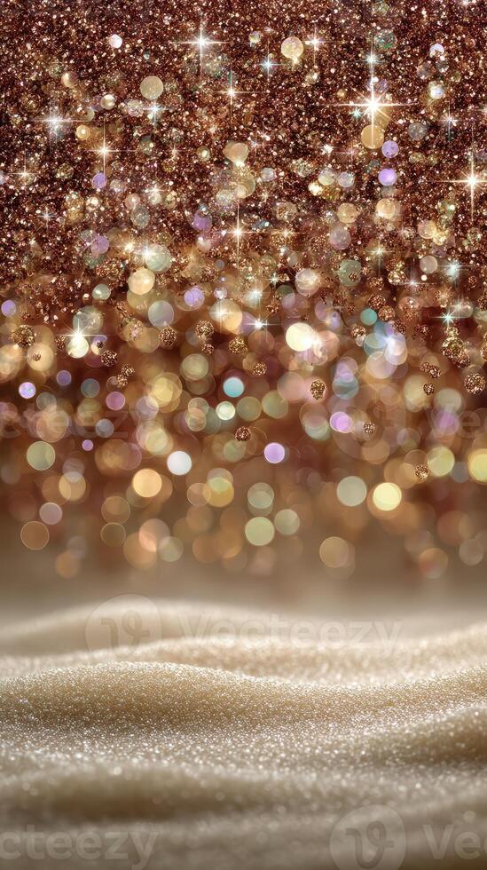 Golden shimmering lights create a sparkling effect against a soft, sandy background in an enchanting atmosphere photo