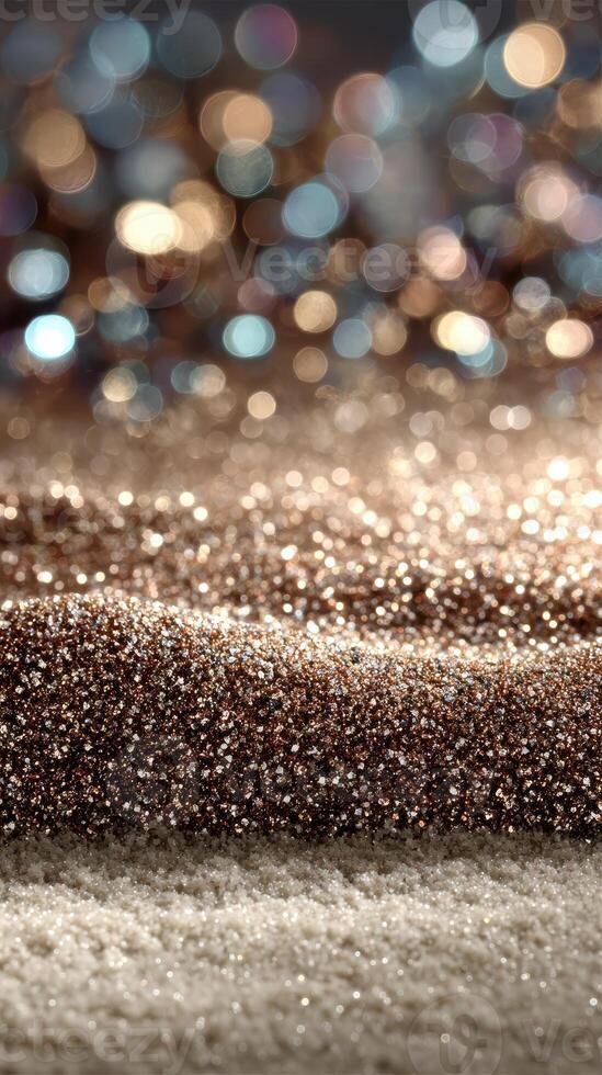 Sparkling surface with golden and silver glitter in soft focus, creating a festive and elegant atmosphere during a celebration photo