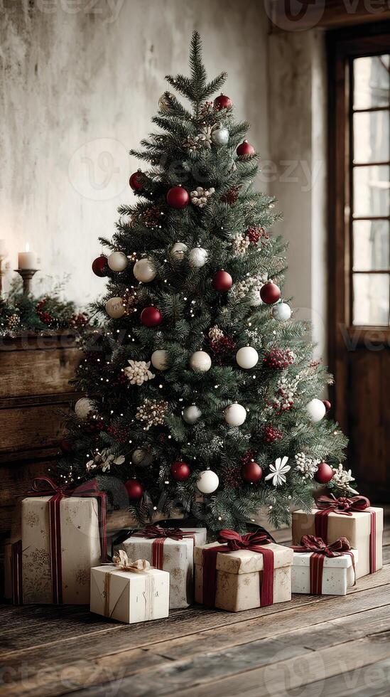 Christmas tree adorned with ornaments and gifts in a cozy indoor setting photo