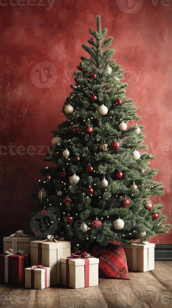 Festive Christmas tree adorned with ornaments and surrounded by neatly wrapped gifts in a cozy setting photo