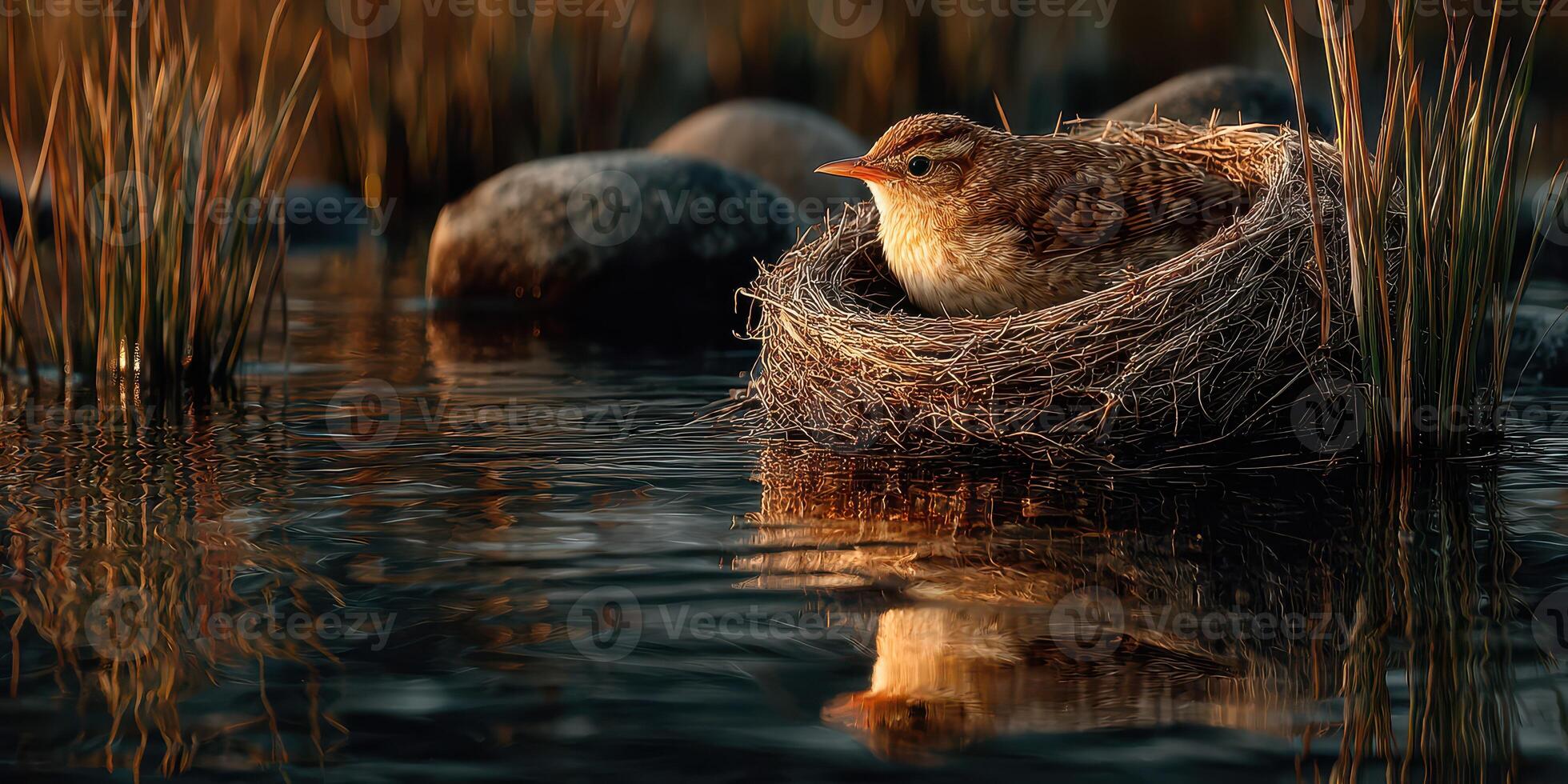 Bird nesting quietly by a calm water's edge surrounded by stones and tall grass during the golden hour photo