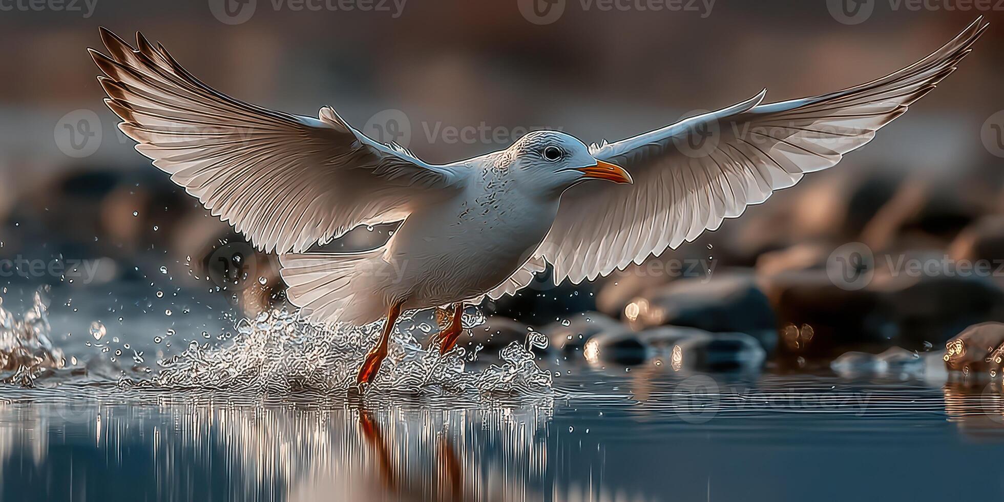 Seagull takes flight over a tranquil lake at sunset highlighting its graceful movement and vivid colors photo