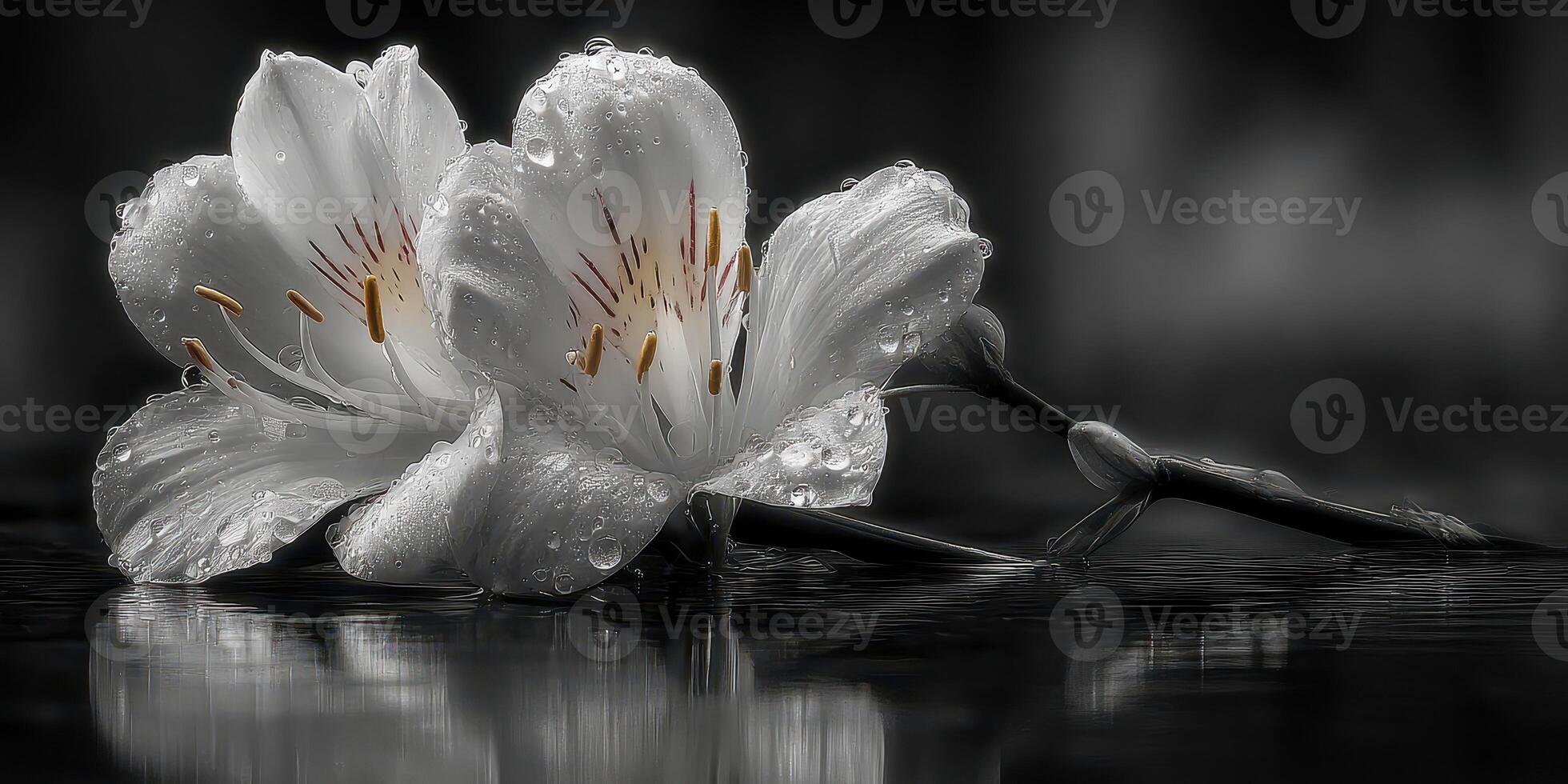 Elegant white flowers with dew resting on a dark surface convey tranquility and beauty in a serene setting photo