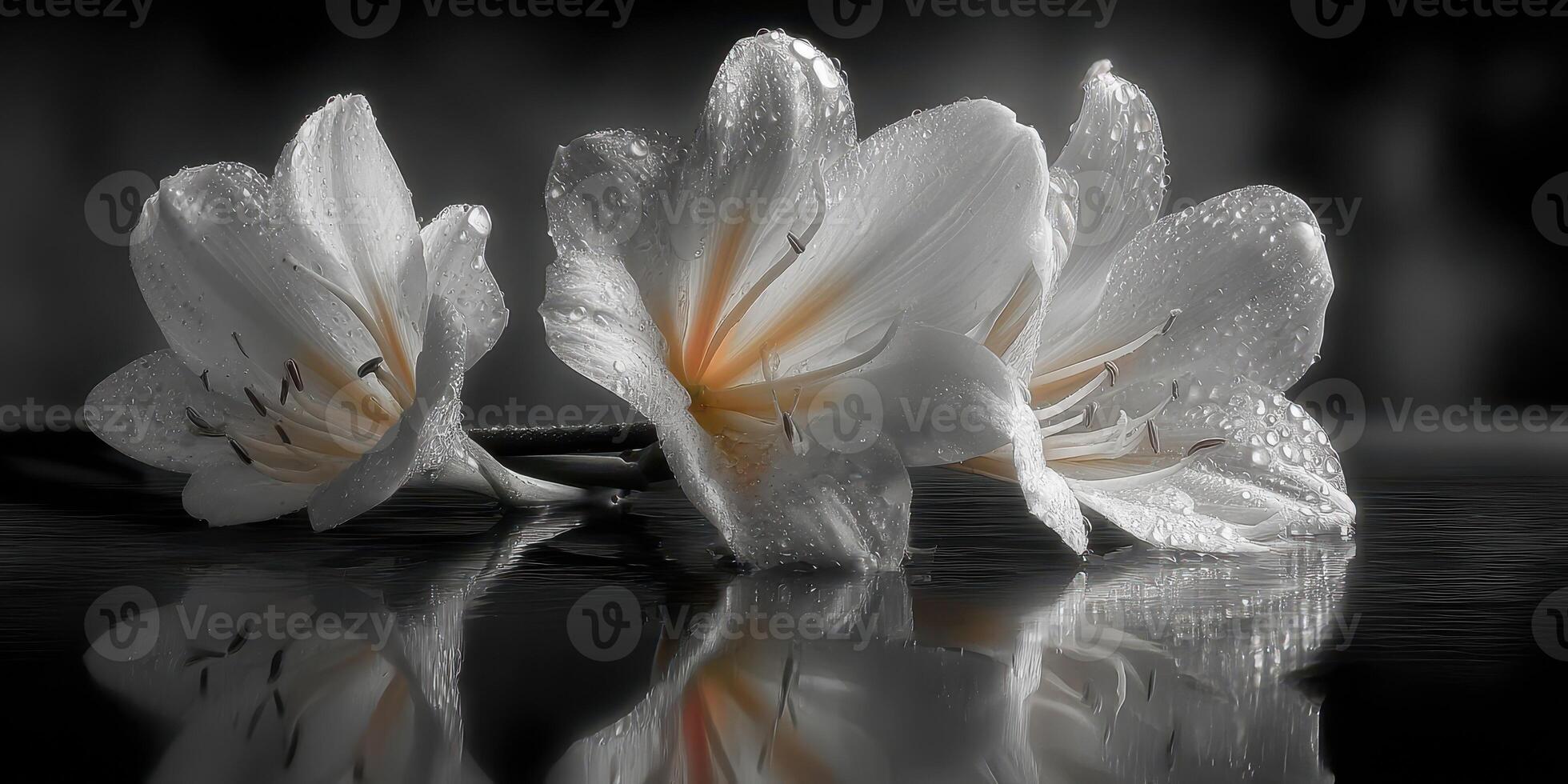 Elegant white flowers with raindrops resting on a reflective surface in soft light photo