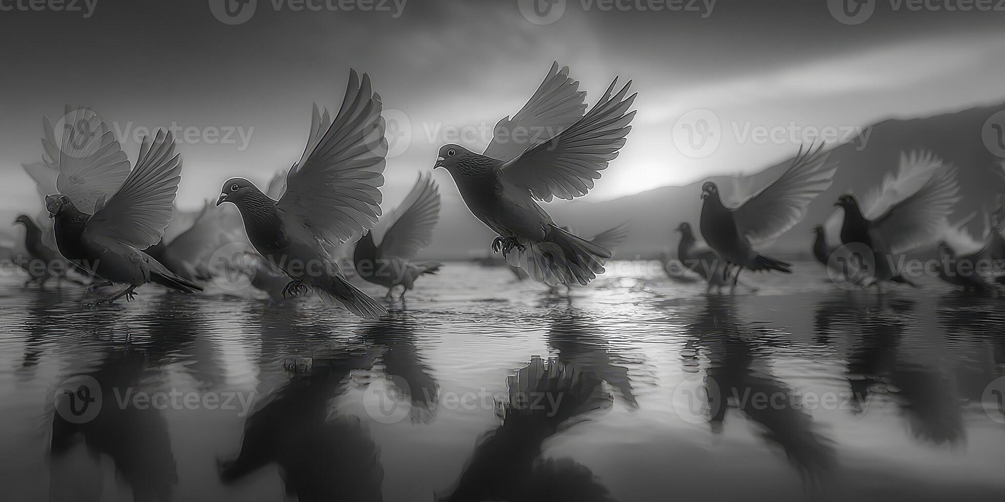 Birds take flight at sunset by the water as reflections create a serene atmosphere photo
