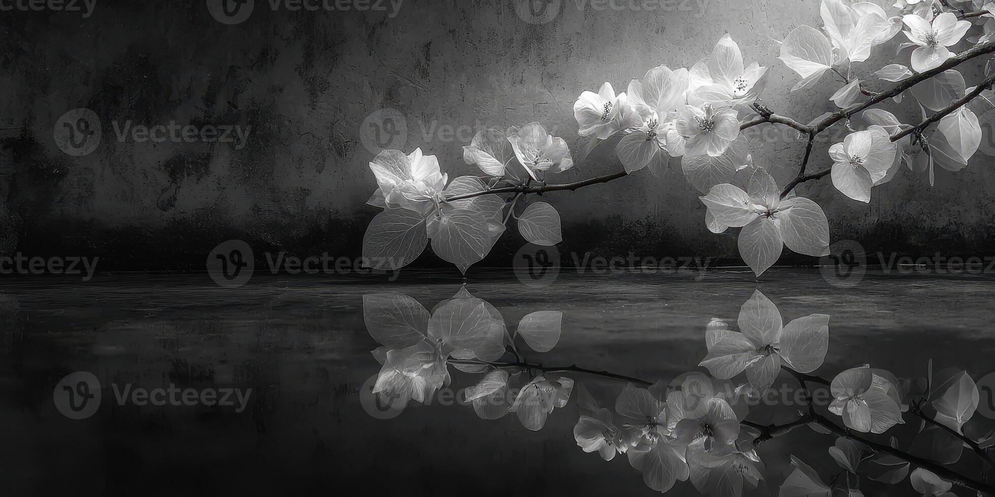 Delicate white flowers reflected in calm water against a textured wall in monochrome setting photo