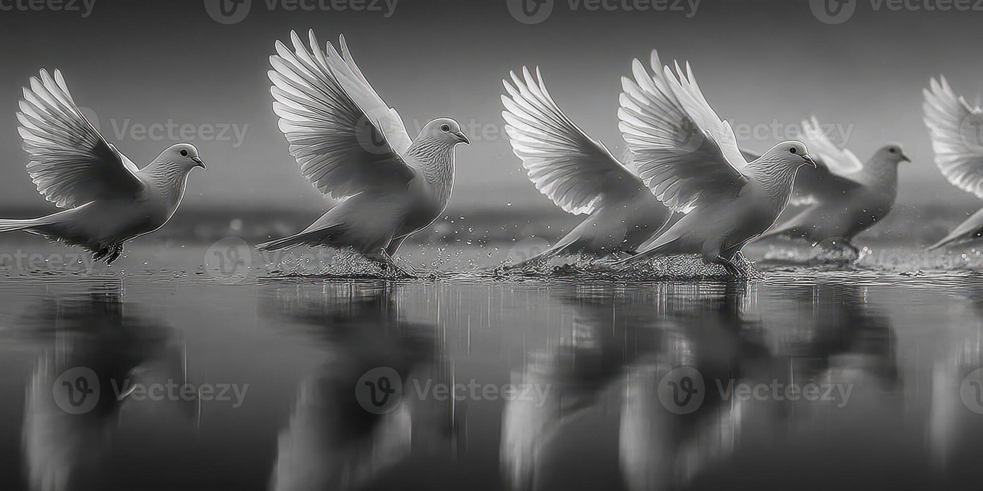 Pigeons take flight and land on the reflective water surface during a serene moment at dawn photo