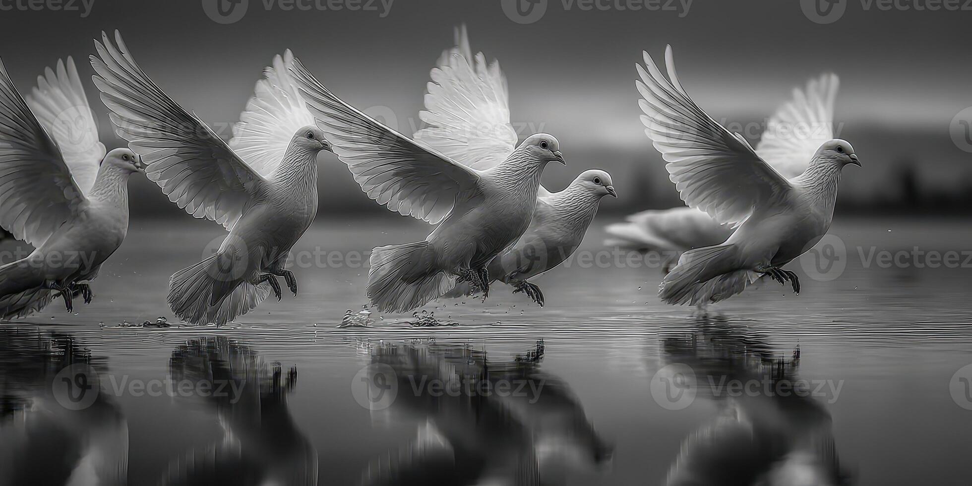 Doves taking flight over calm water at dusk creating a serene and harmonious atmosphere photo