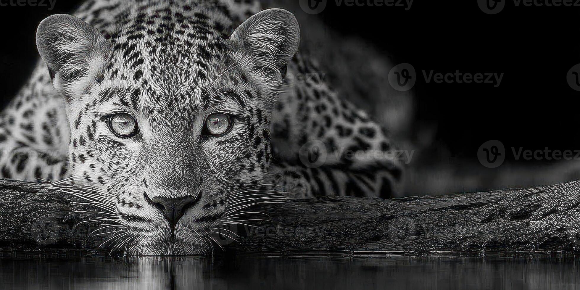 Leopard rests by the water's edge in a serene natural setting during the golden hour of late afternoon light photo
