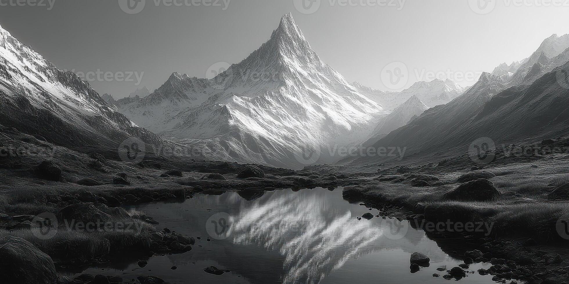 Majestic snow-capped mountain reflecting in tranquil waters at dawn in a serene alpine valley photo
