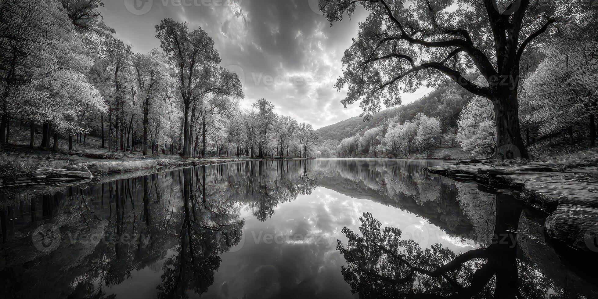 Serene reflection of trees in a calm river at dusk in a tranquil nature setting with dramatic clouds photo