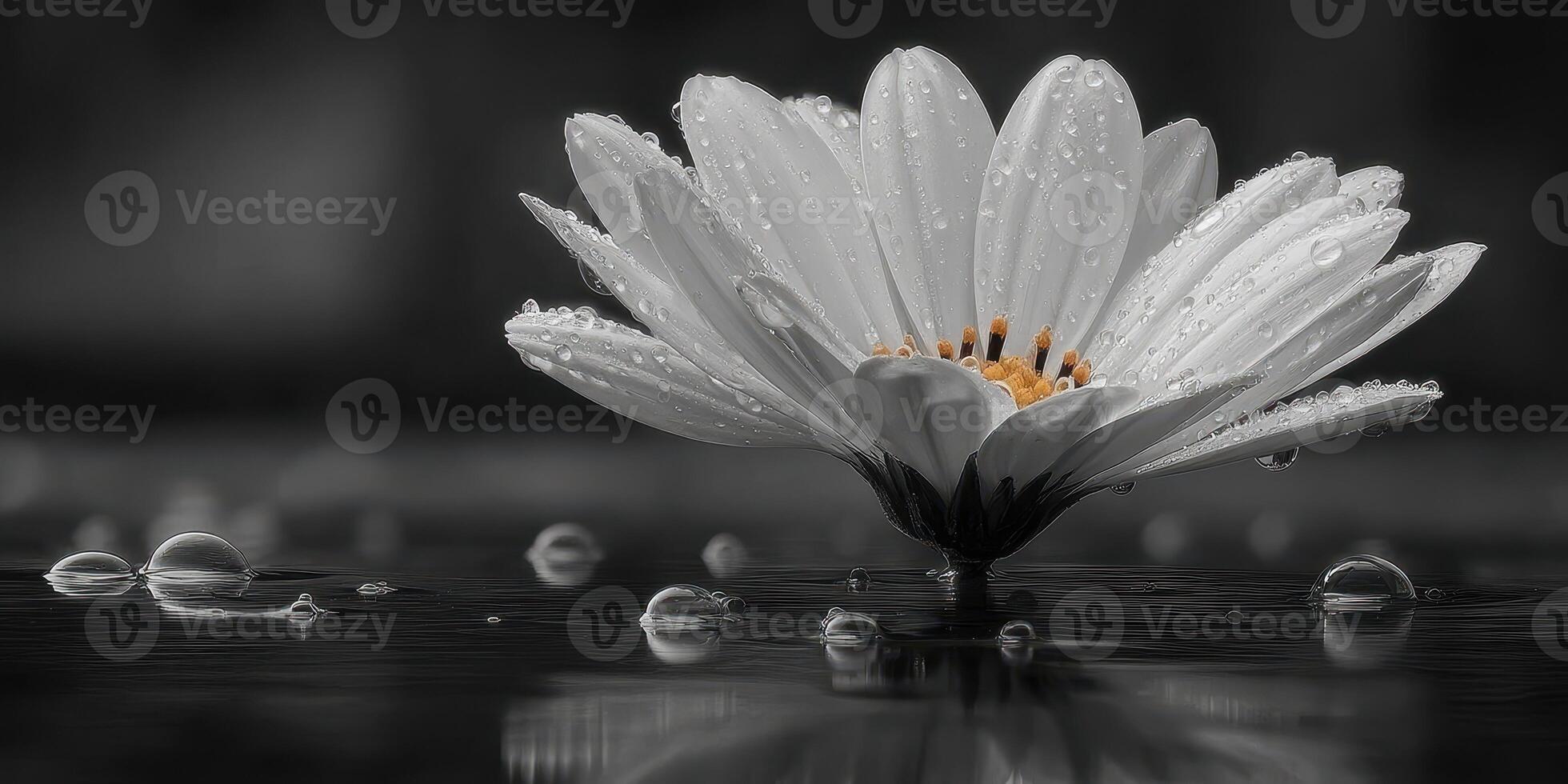 White flower with raindrops reflecting on water surface in serene black and white setting photo