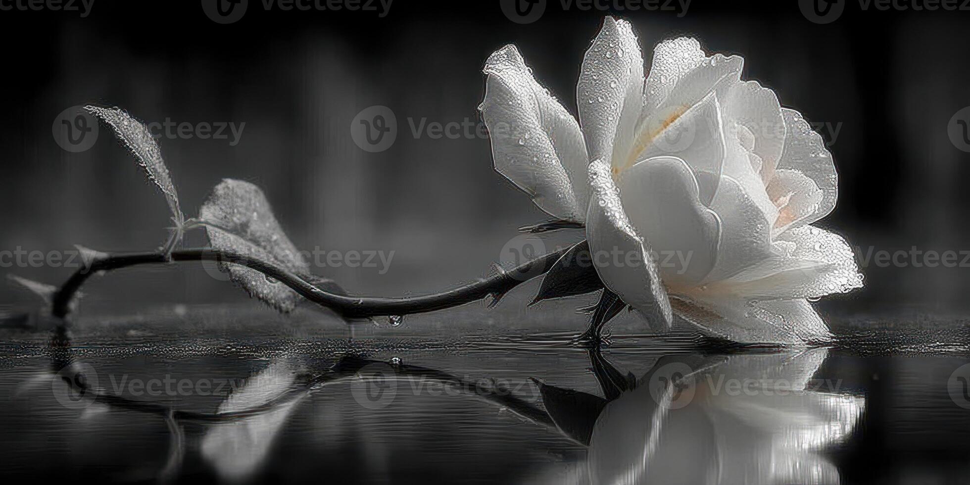 White rose with dew resting on a calm surface at dawn creates a serene and reflective moment in nature photo