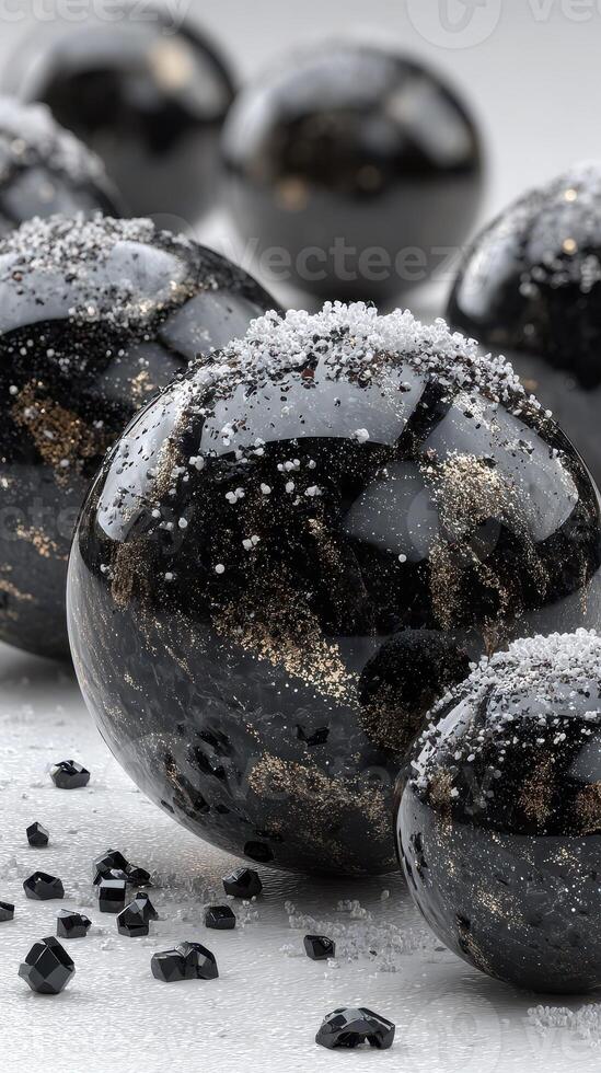Black and silver spheres with a textured surface and sparkling details on a neutral background photo