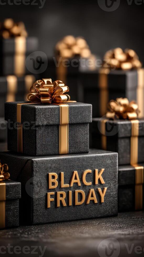 Gifts wrapped in black and gold for Black Friday promotions at a retail store during the holiday shopping season photo
