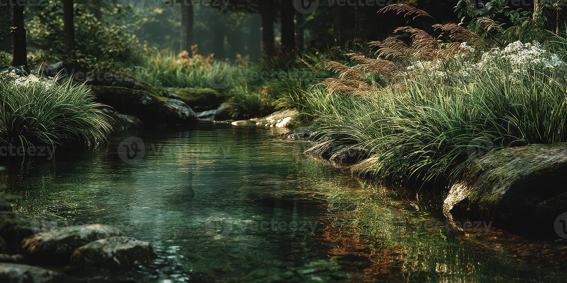 Serene river flowing through a lush forest with wildflowers in a tranquil nature setting during early morning light photo