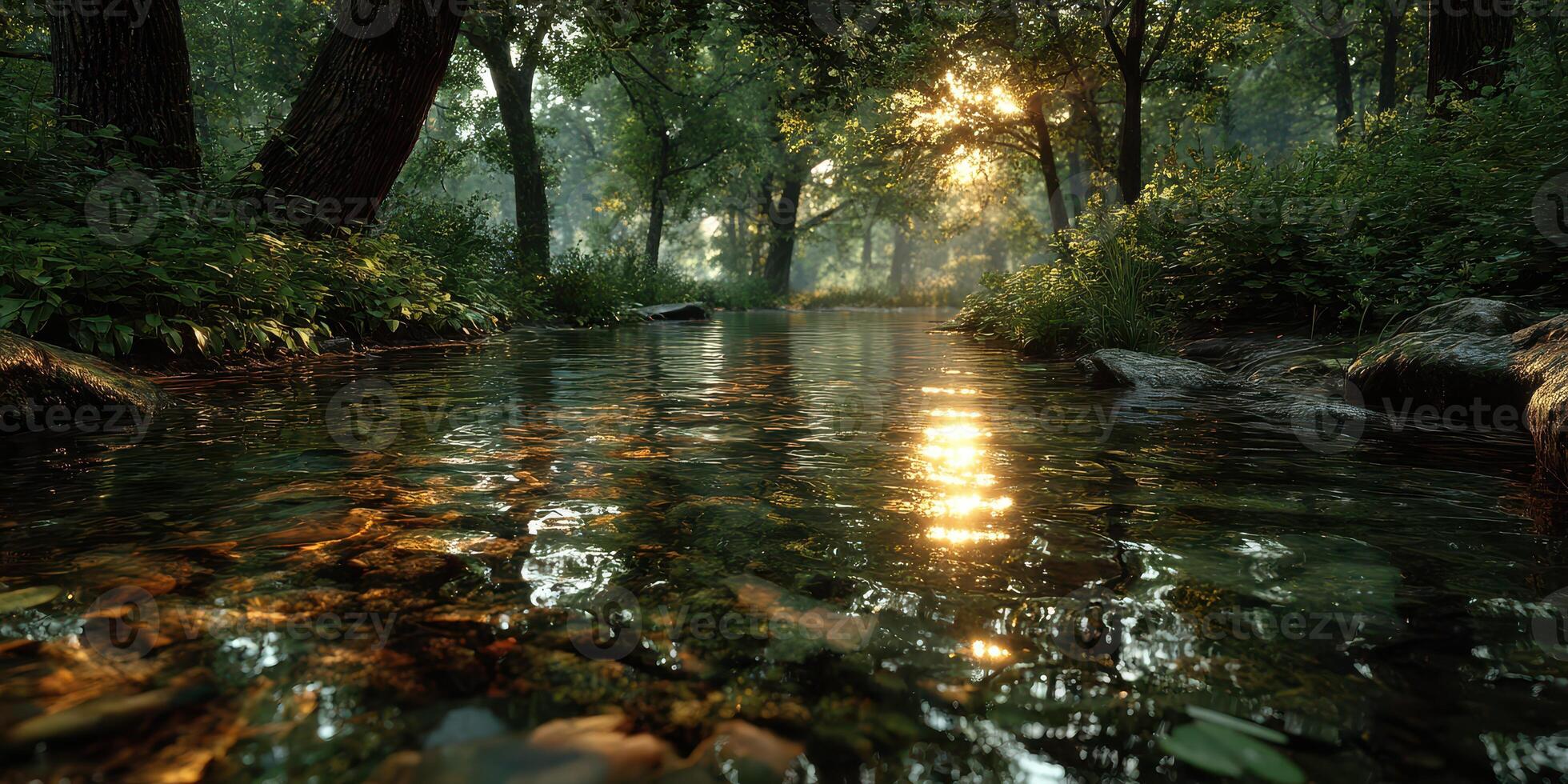 Sunlight reflecting on calm river water in a serene forest setting during early morning hours photo