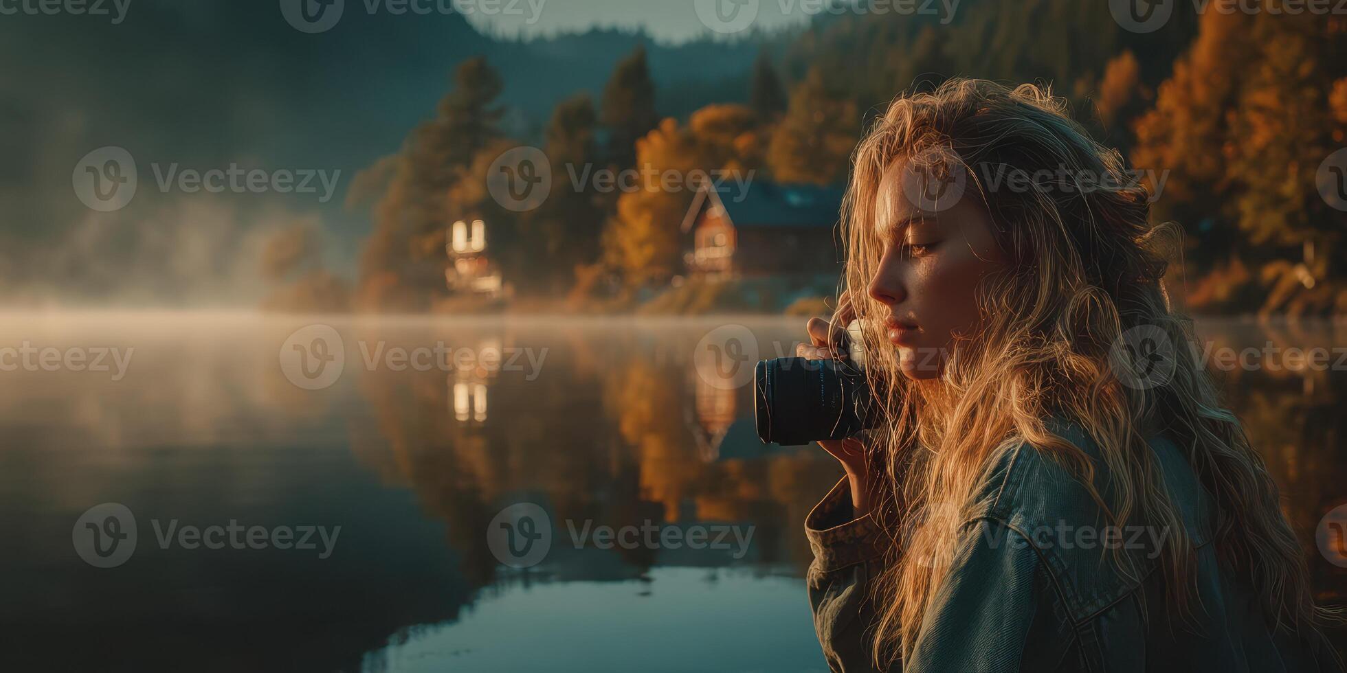 Young woman taking photographs at a serene lake surrounded by trees during golden hour in a picturesque setting photo