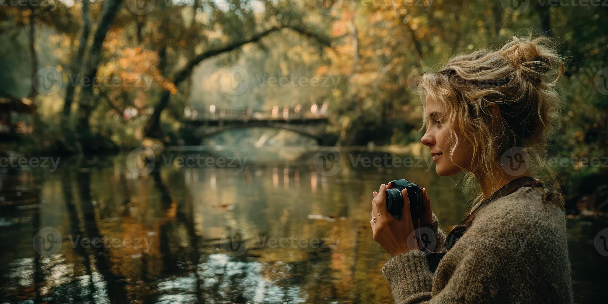 Woman holds camera by serene river during autumn afternoon with colorful foliage in peaceful natural setting photo