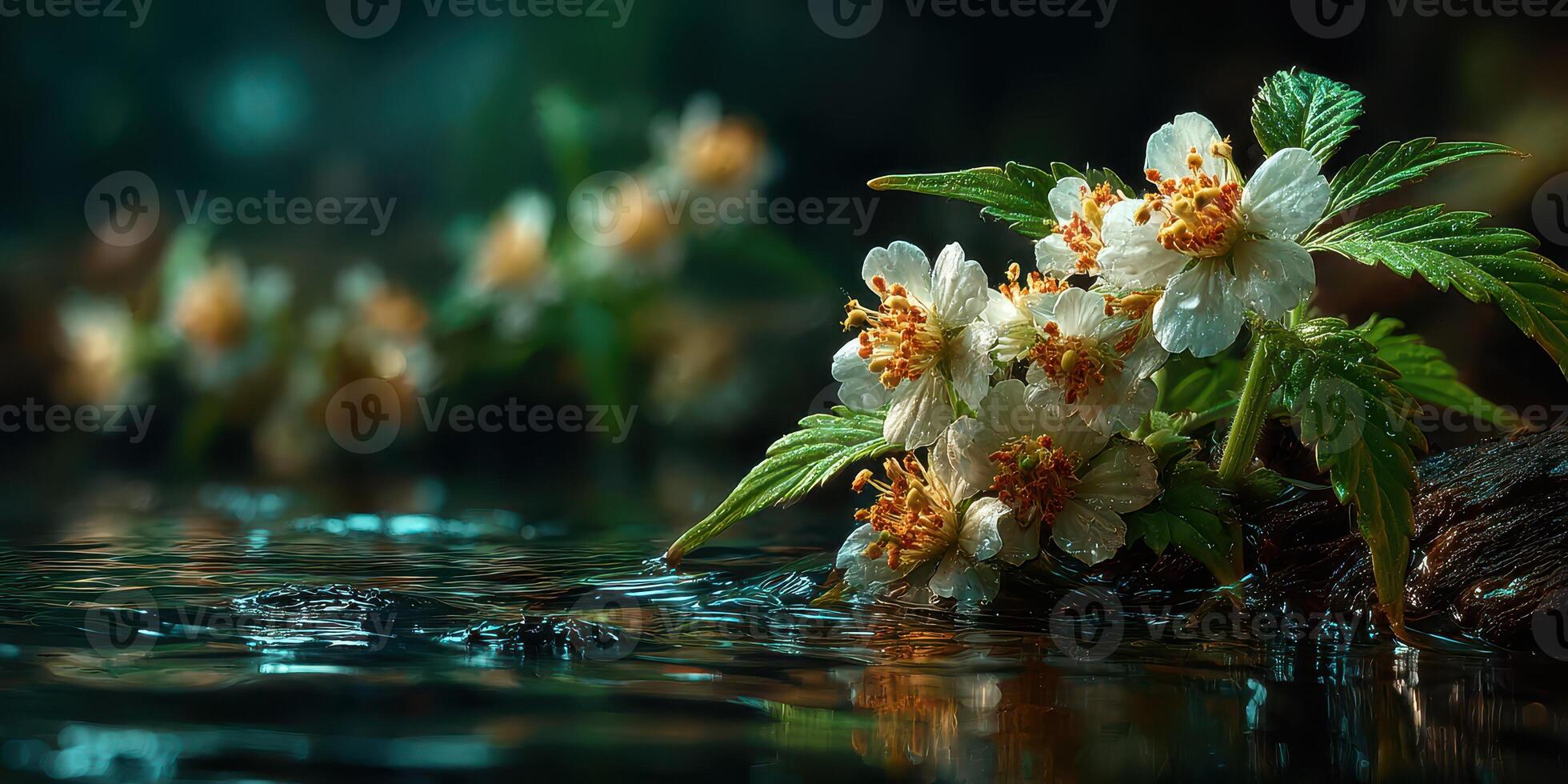 Blossoms reflecting on water surface in a tranquil setting during early morning photo