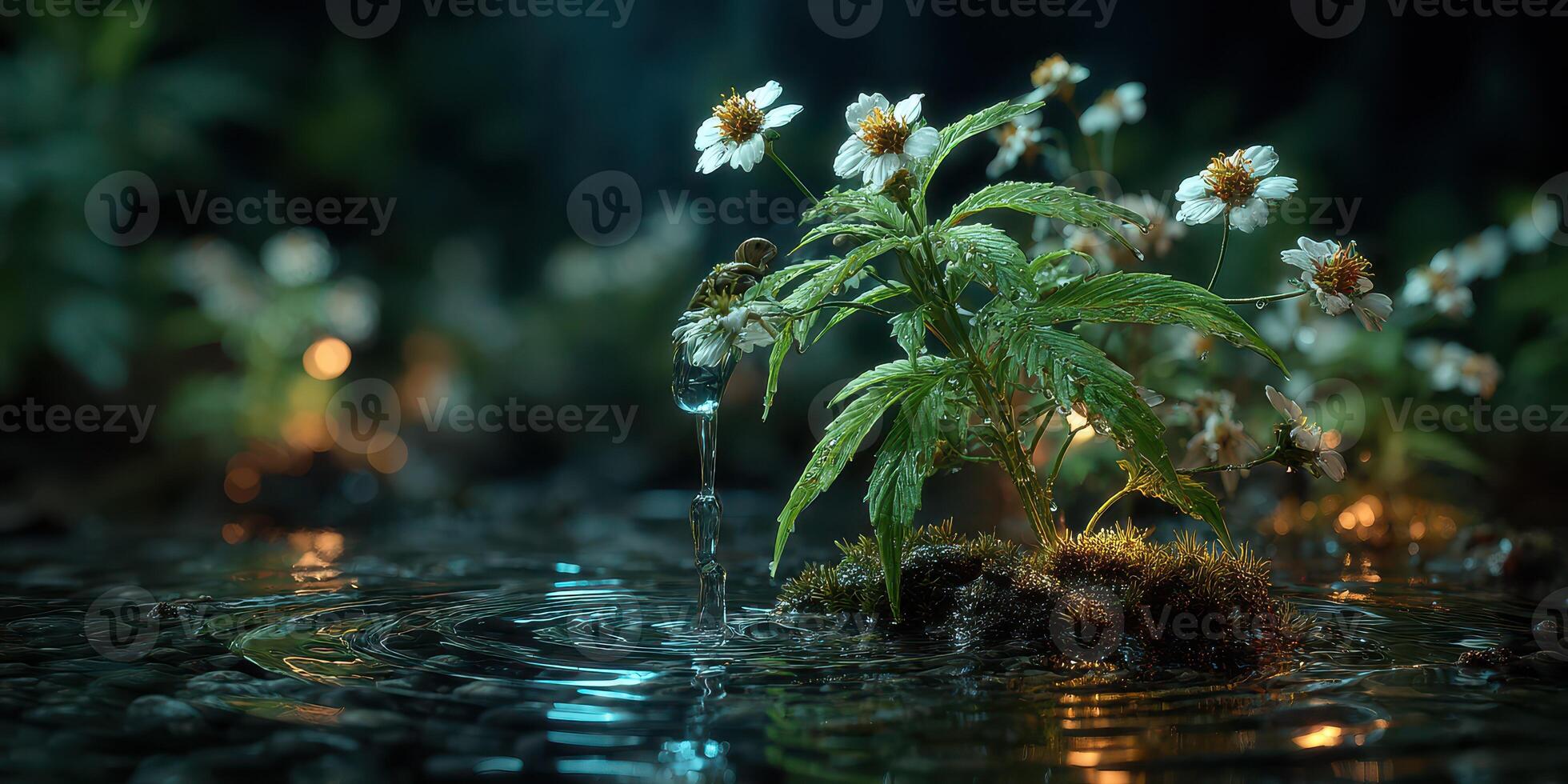 Water gently flows over a vibrant plant surrounded by delicate flowers in a tranquil forest setting during twilight photo