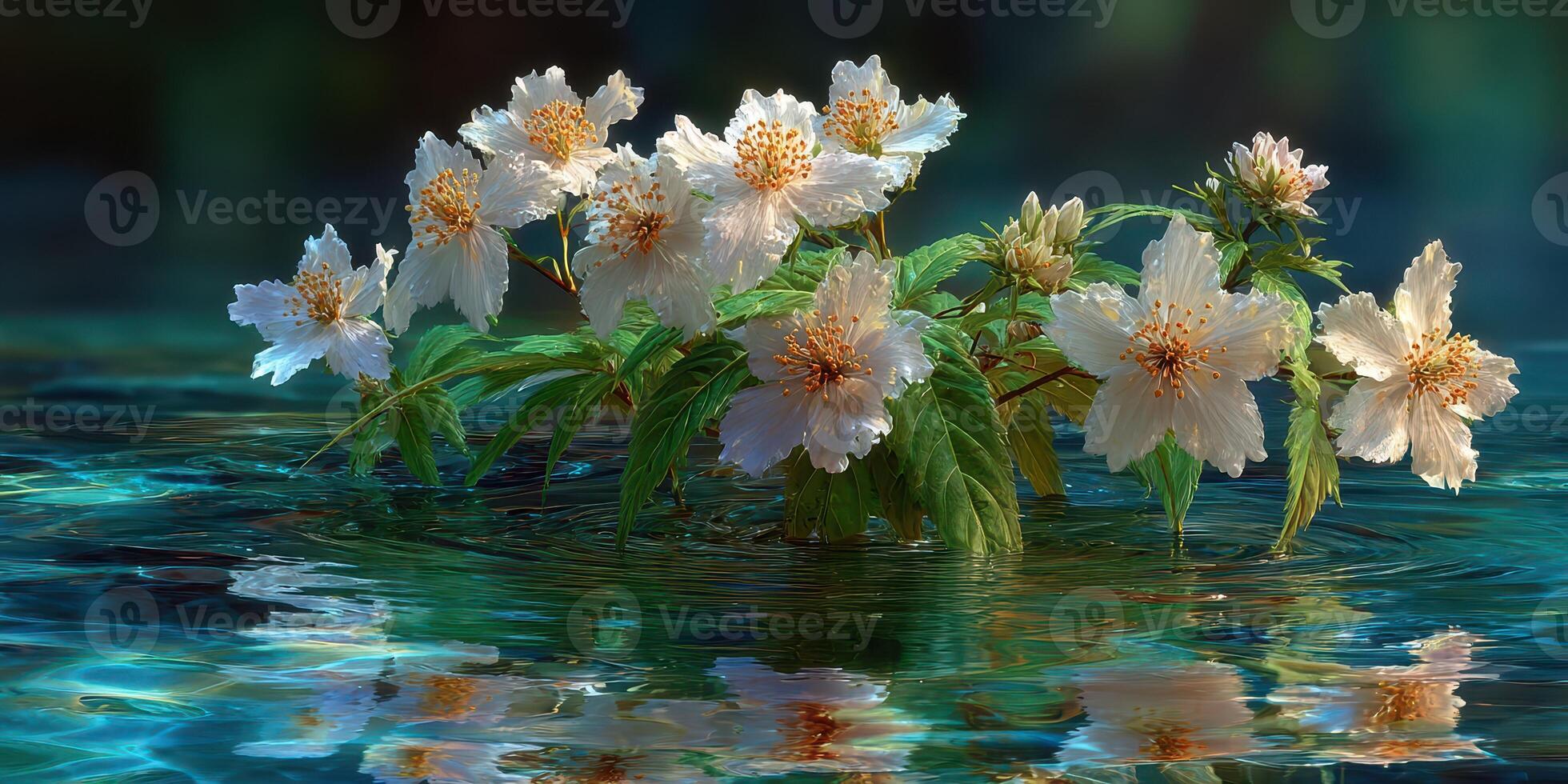 Water lilies bloom gracefully in a serene pond under soft sunlight during a tranquil afternoon photo