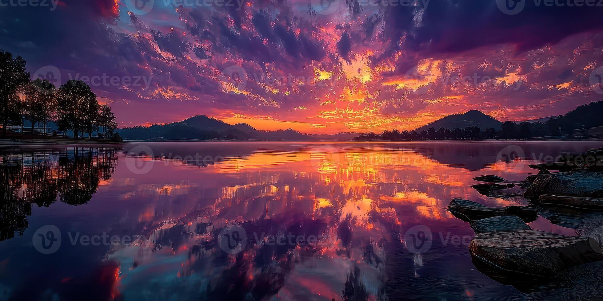 Vibrant sunset reflecting on calm lake surrounded by mountains and trees photo