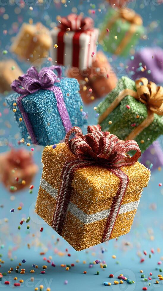 Colorful sparkling gift boxes floating amidst festive confetti in a celebratory atmosphere photo