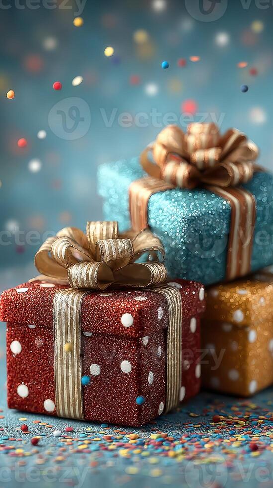 Colorful gifts stacked with ribbons surrounded by confetti on a festive background photo