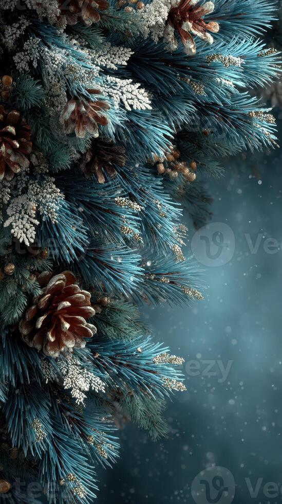 Winter foliage arrangement featuring pine branches and pine cones with a snowy background photo