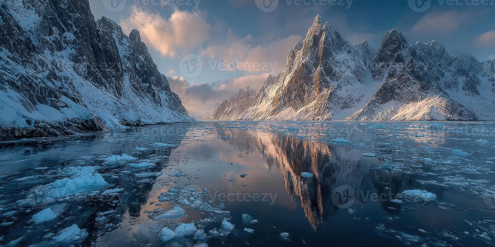 Majestic winter landscape with snow-capped peaks and calm icy waters at dawn photo