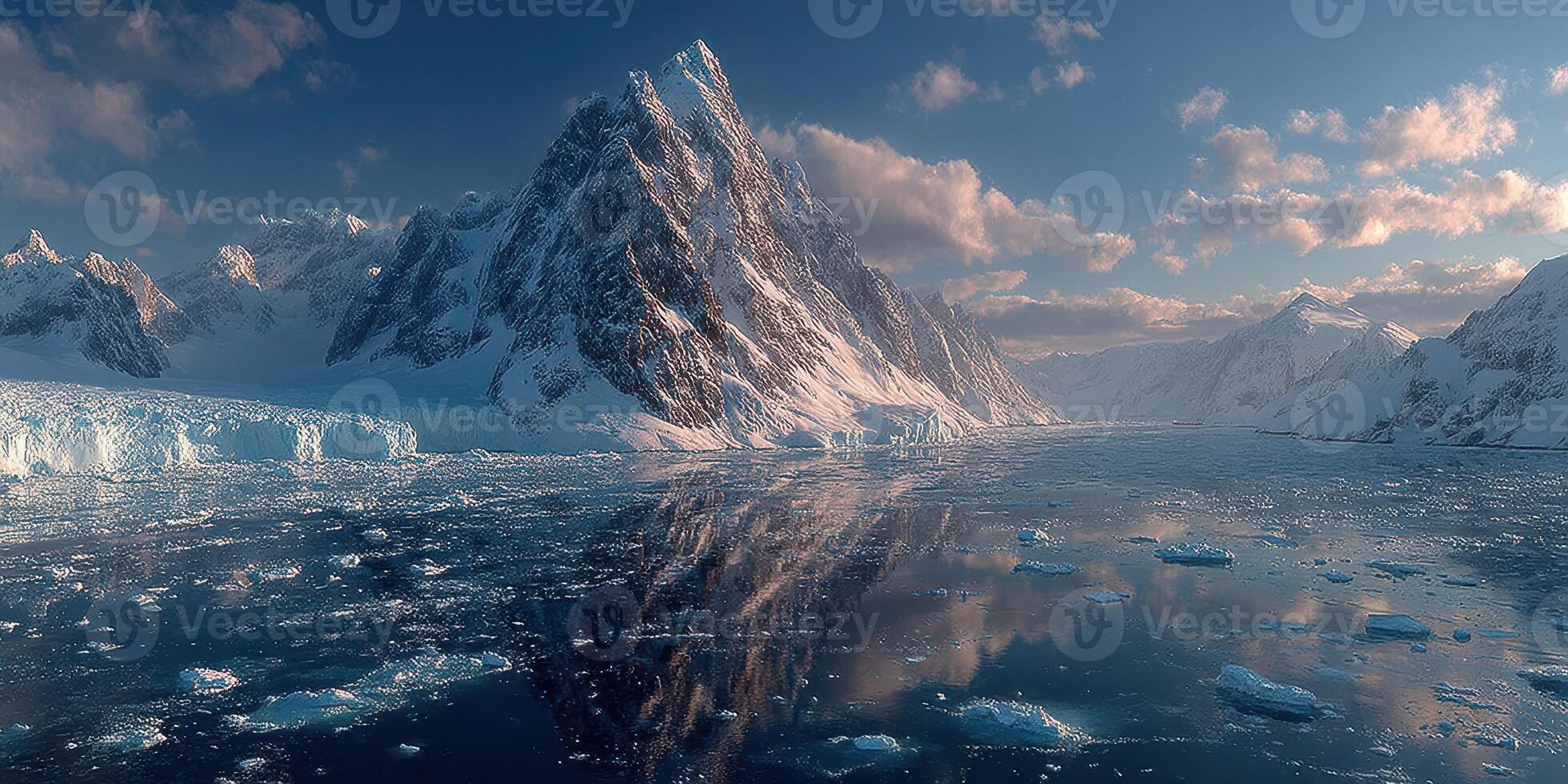 Majestic snow-capped mountains reflect in icy waters during twilight in a serene Arctic landscape photo