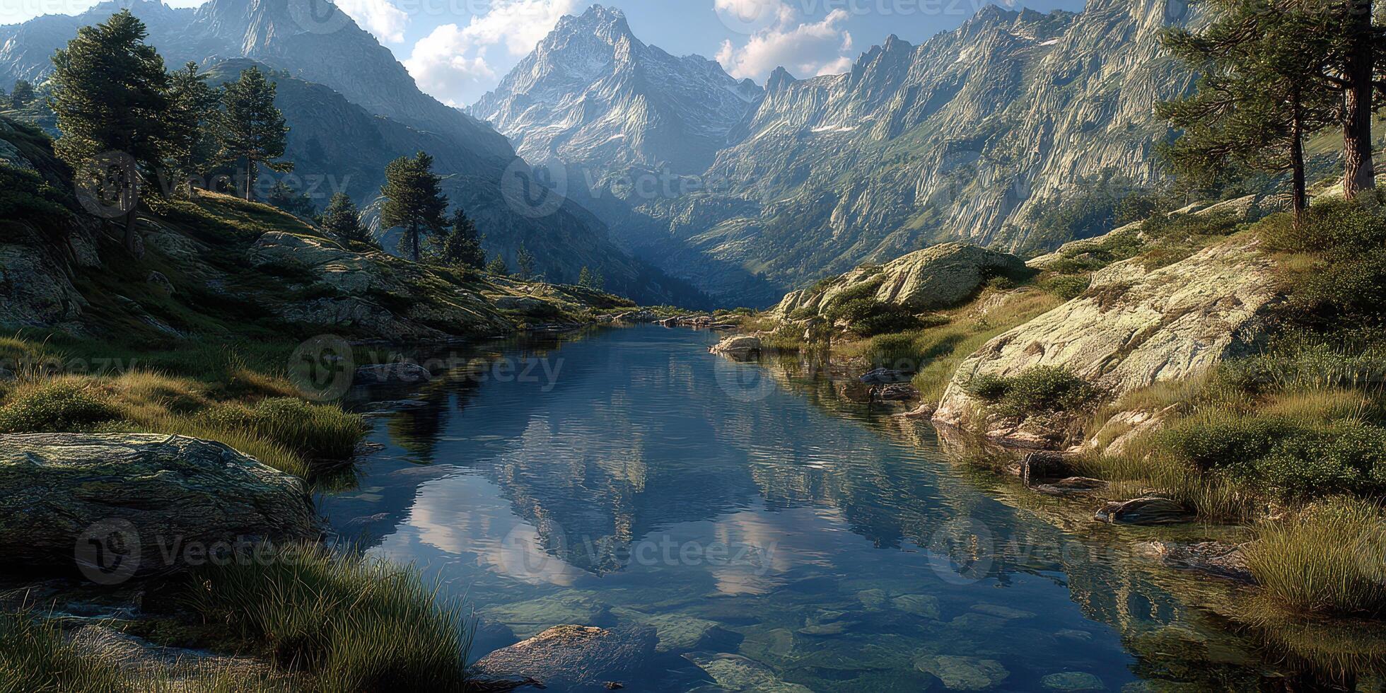 Mountain landscape with a calm reflective lake set amidst towering peaks and lush greenery during midday photo