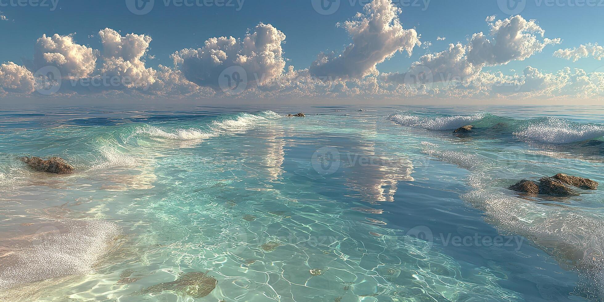 Bright turquoise ocean waters gently lapping against rocks under a partly cloudy sky in a serene coastal setting at midday photo
