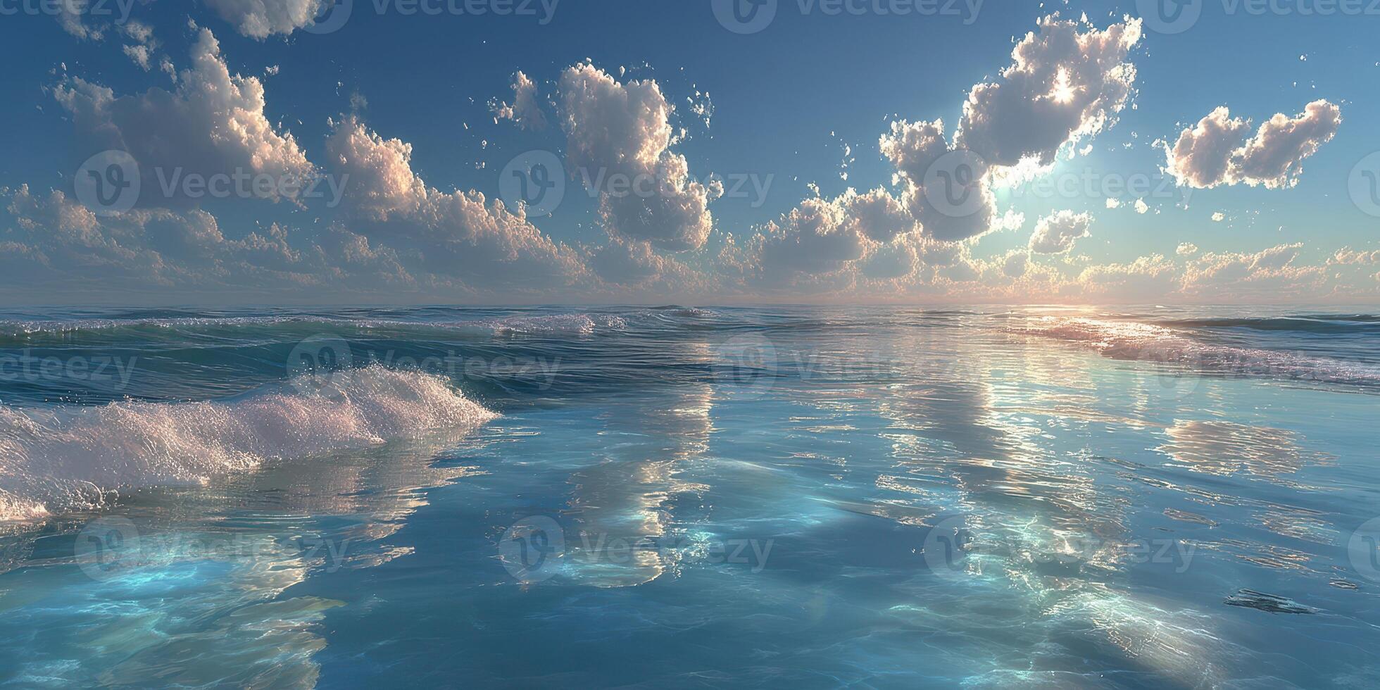 Vibrant ocean view under a cloudy sky during the golden hour at a tranquil beach photo
