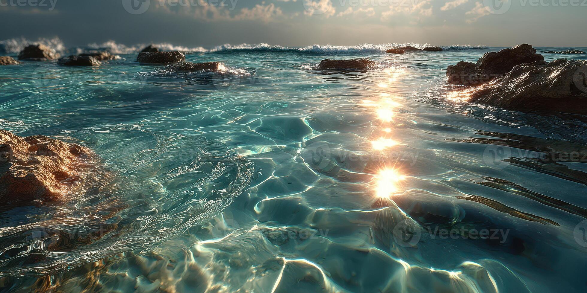 Ocean water glimmers under sunlight with rocks dotting the serene coastline during late afternoon photo