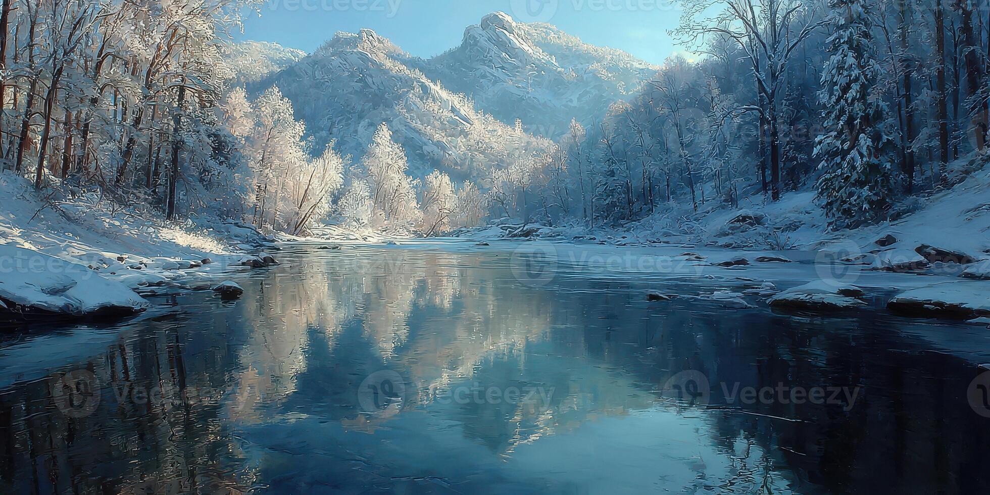Winter landscape with snow-covered mountains and a calm river reflecting the serene surroundings in bright daylight photo