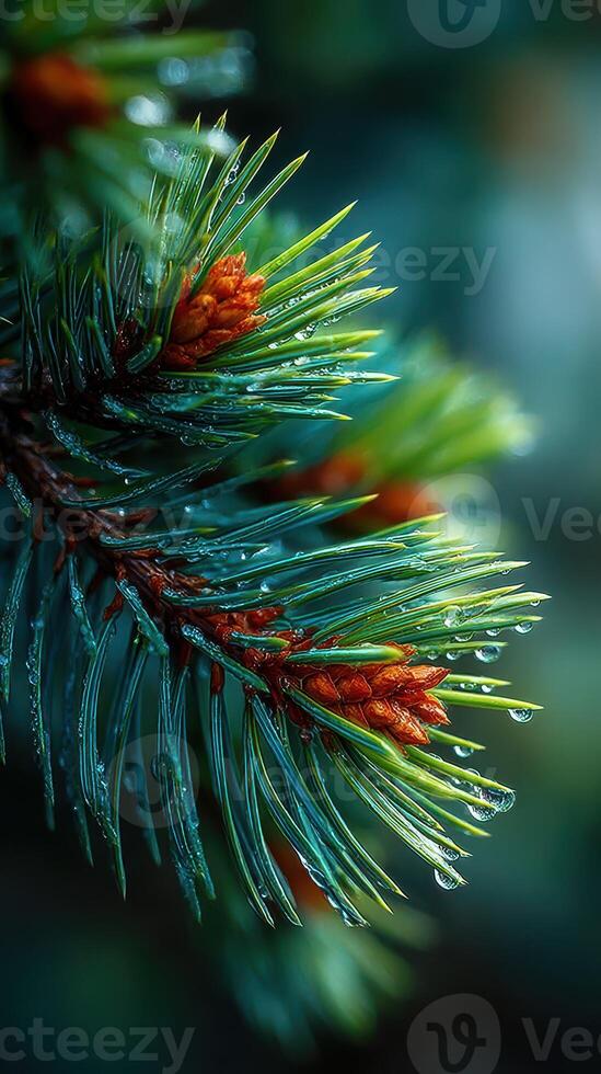 Close-up view of pine tree branches with fresh green needles and droplets of water in a serene forest setting during early morning light photo