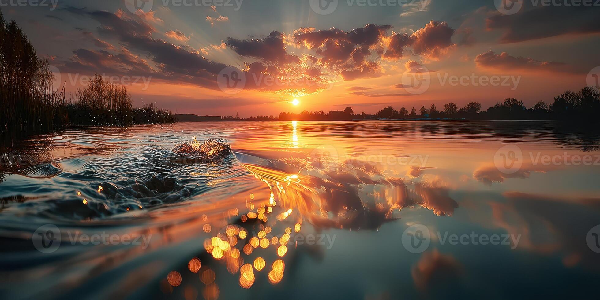 Sunset over tranquil river with rippling water and reflections on a calm evening photo