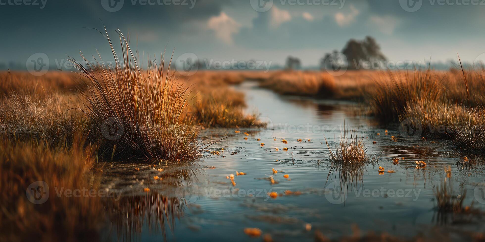 Marshland in autumn showcases golden grasses along a winding waterway under a dramatic sky photo
