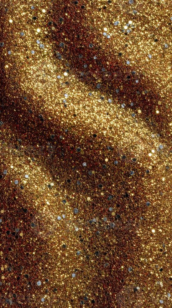 Shimmering golden glitter creating a vibrant background texture with various reflective particles photo