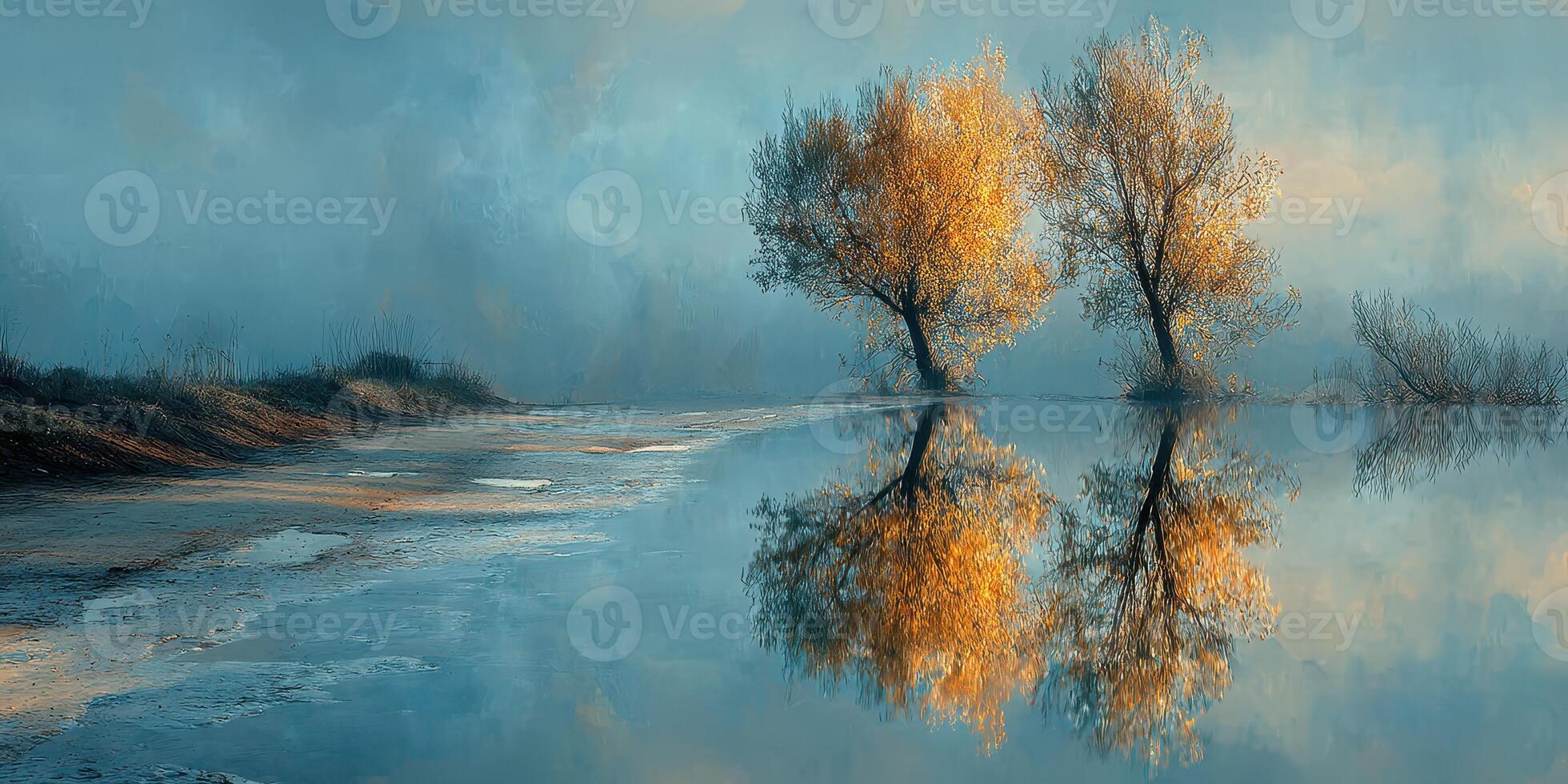 Serene landscape featuring two golden trees reflecting in calm water at dawn photo