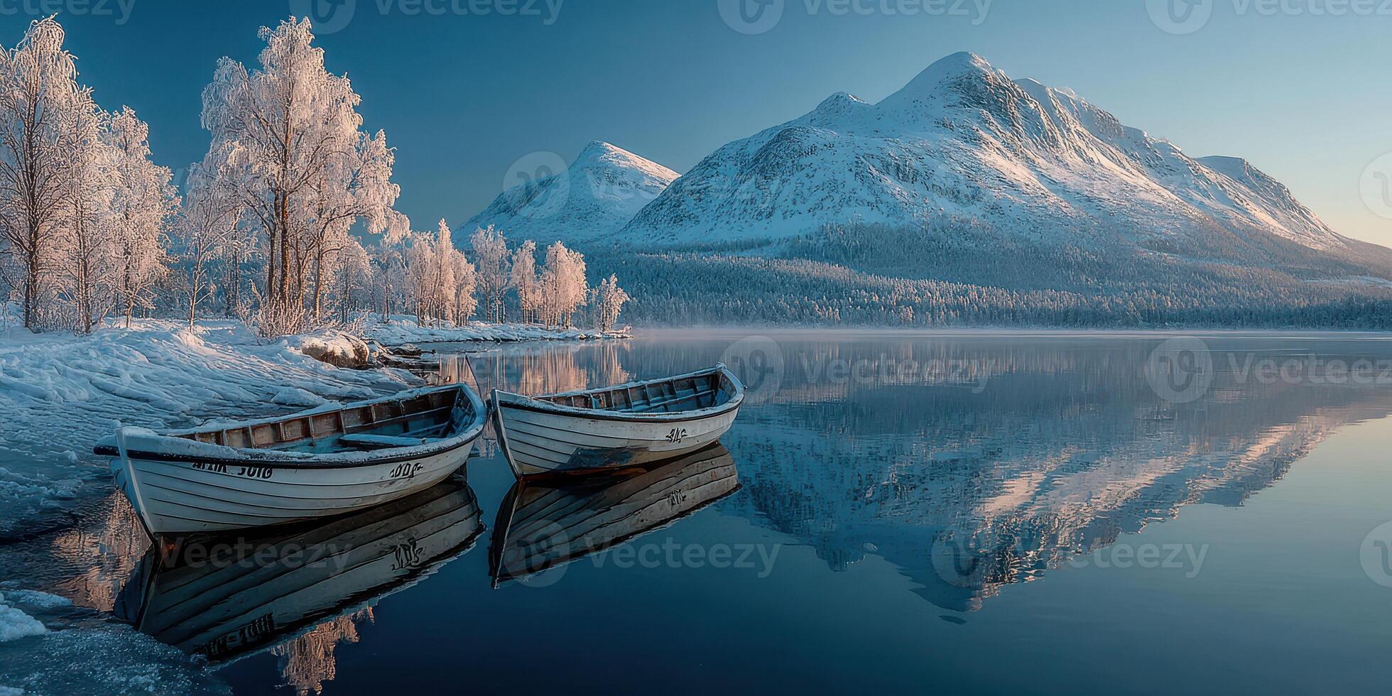 Winter morning view of boats on a tranquil lake surrounded by snow-covered mountains photo