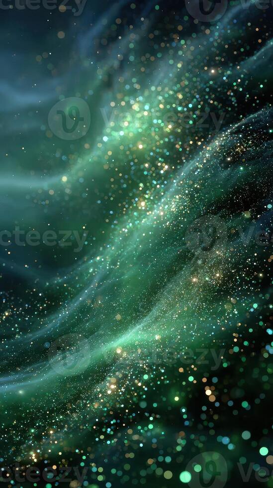 Swirling green cosmic clouds filled with sparkling stars in a vast universe photo