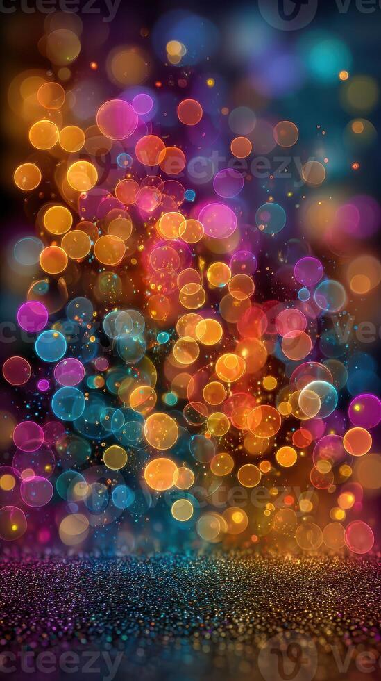 Colorful bokeh lights create a vibrant backdrop for celebration and joy in an abstract setting photo