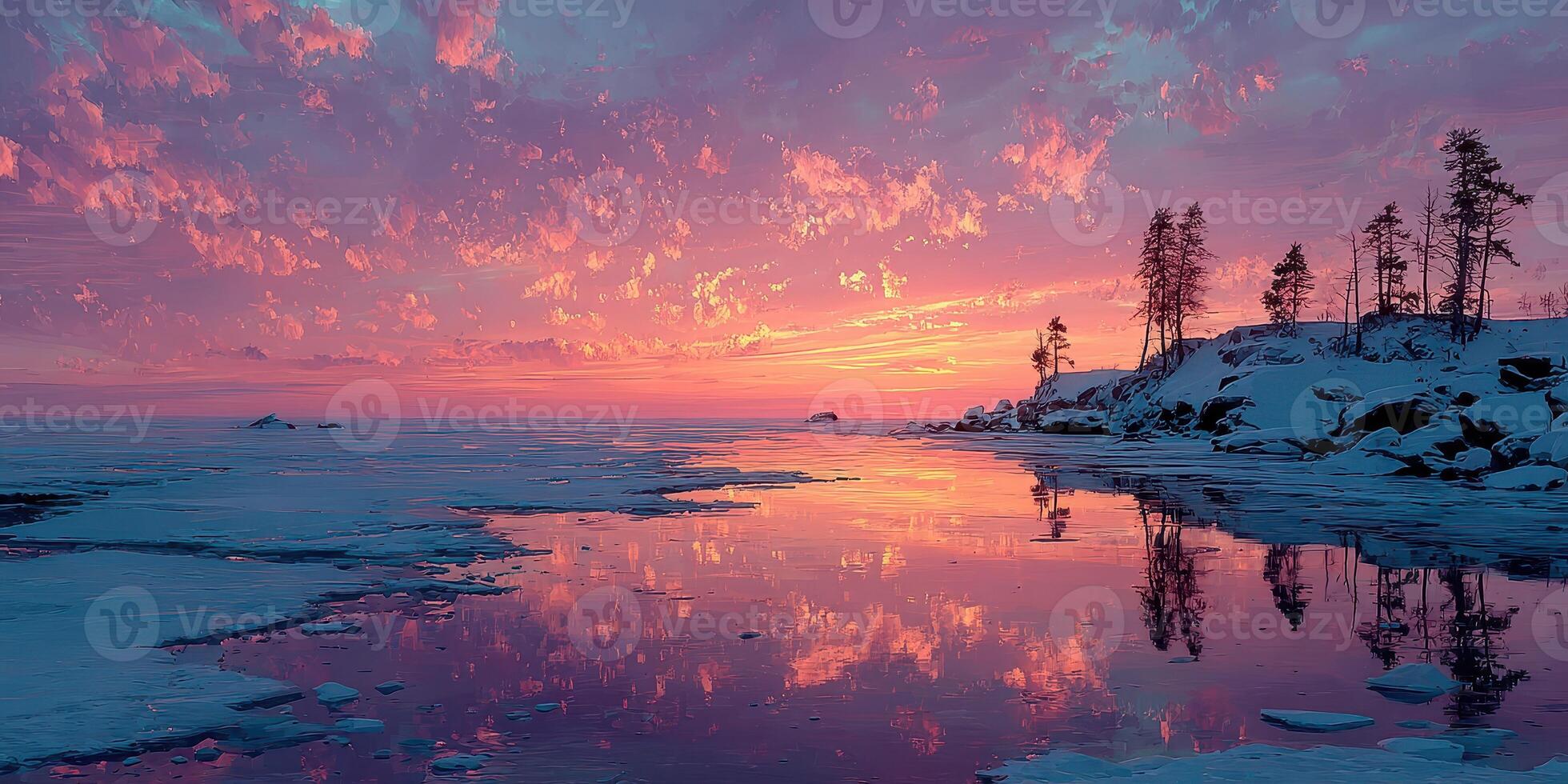 Winter sunset over a frozen lake reflects vibrant colors and silhouettes of trees at twilight near a snowy shoreline photo