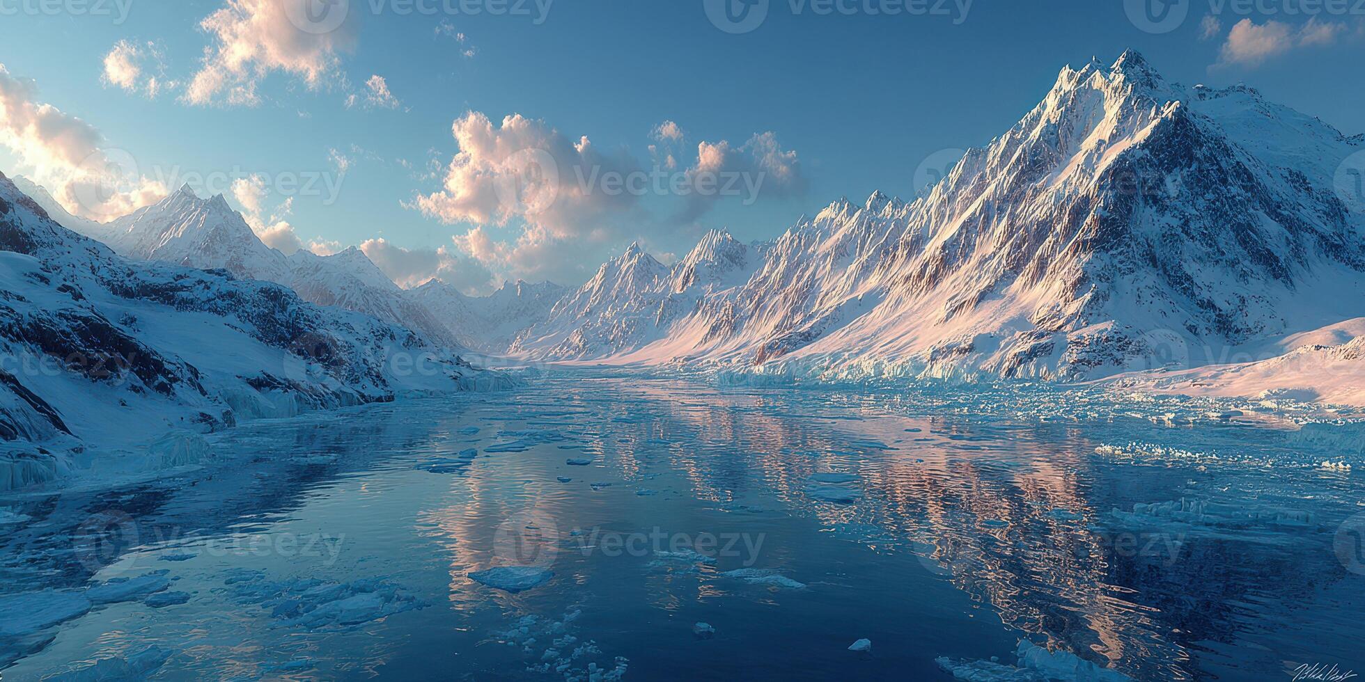 Majestic snow-covered mountains and serene icy river landscape during sunset in a remote wilderness photo