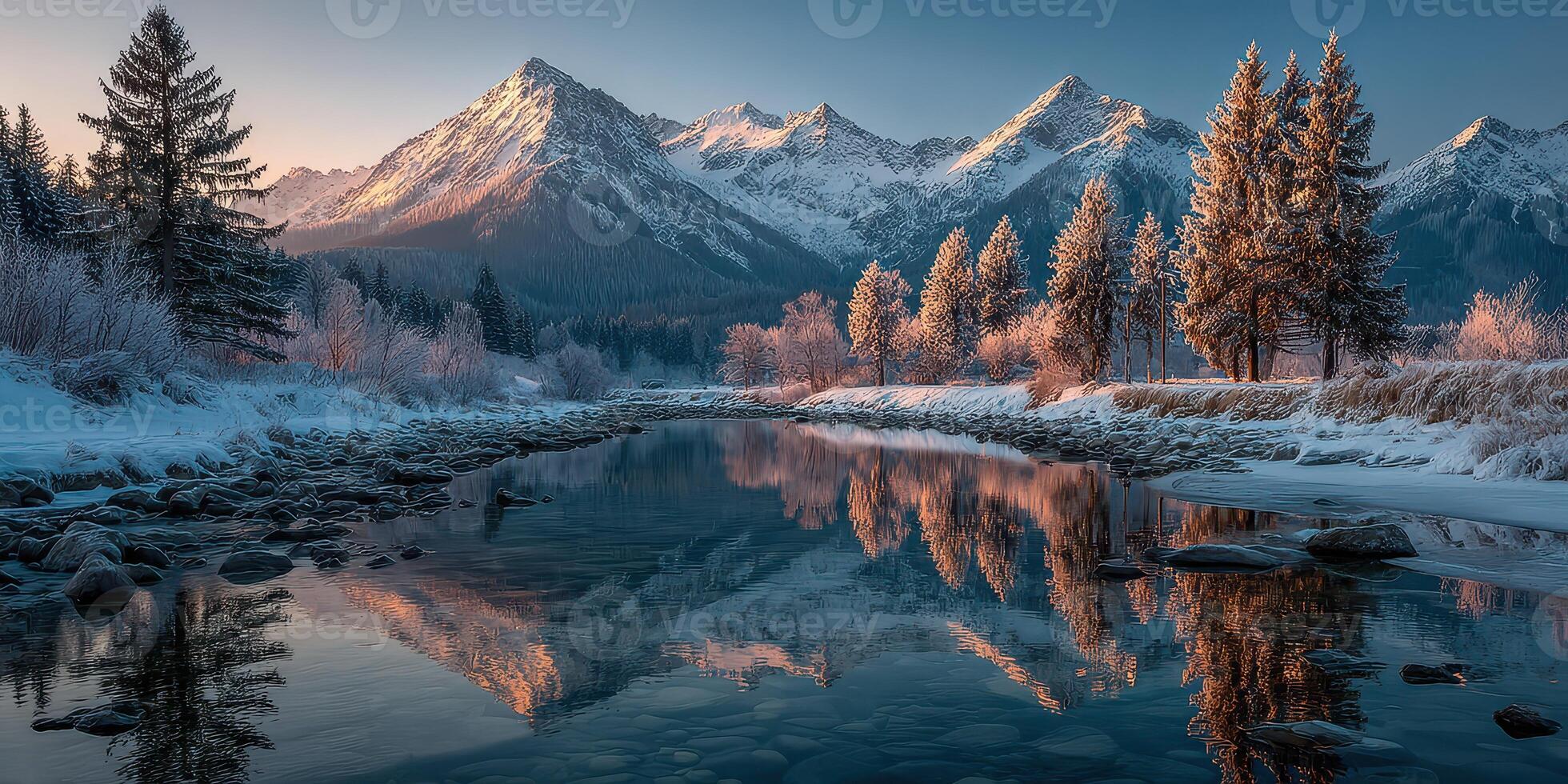 Majestic snow-covered mountains reflect in tranquil river during sunrise in serene winter landscape photo